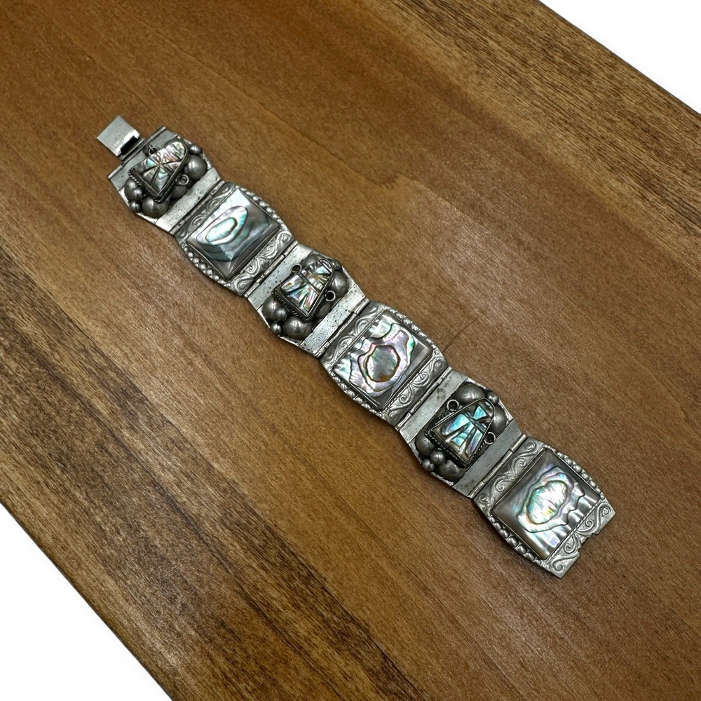 Vintage Mexican Abalone Inlay Panel Bracelet Alpaca Silver Tone Hecho Mexico 7"